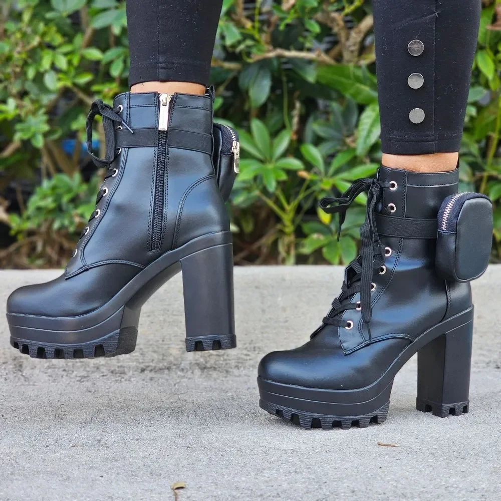 Black Women’s Lace Up Block Heel Booties Side Zipper & Pouches - Picture 2 of 5